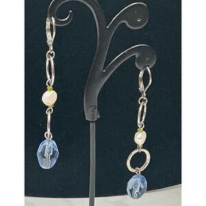 Dangle Earrings Blue Crystal Pearl Silver Tone Leverback Drop‎ Dangle Women